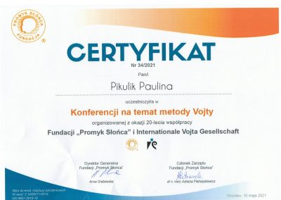 Certyfikat uczestnictwa w konferencji na temat metody Vojty